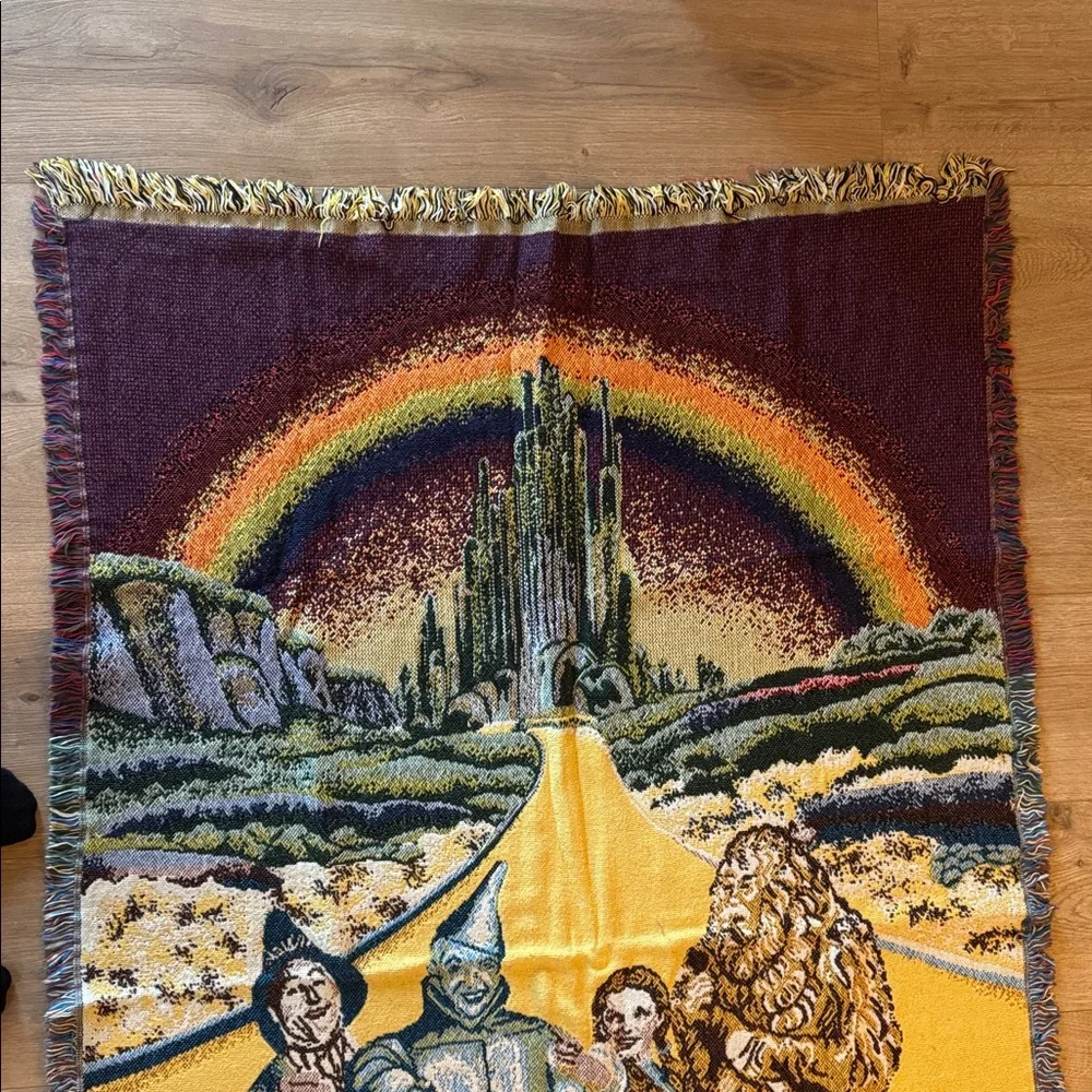 Vintage 1993 Turner Wizard of Oz Woven Tapestry Throw Blanket Yellow Brick Road
